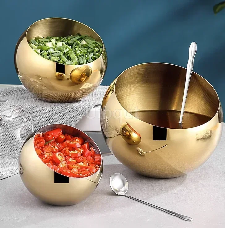 Stainless Steel Oblique mouthed Sauce Bowl with Lid Hot Pot Buffet Seasoning basket bowl Jar dish Container Salad Spherical Bowl