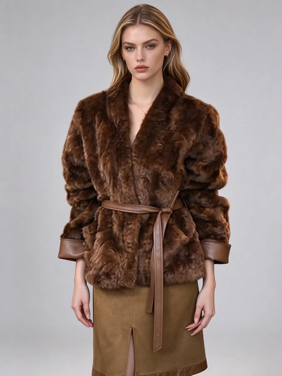 Women  V Neck Faux Fur Short Coat With Belt Leather Cuff Splicing Waist Slim Winter Warm Luxury Elegant Outerwear