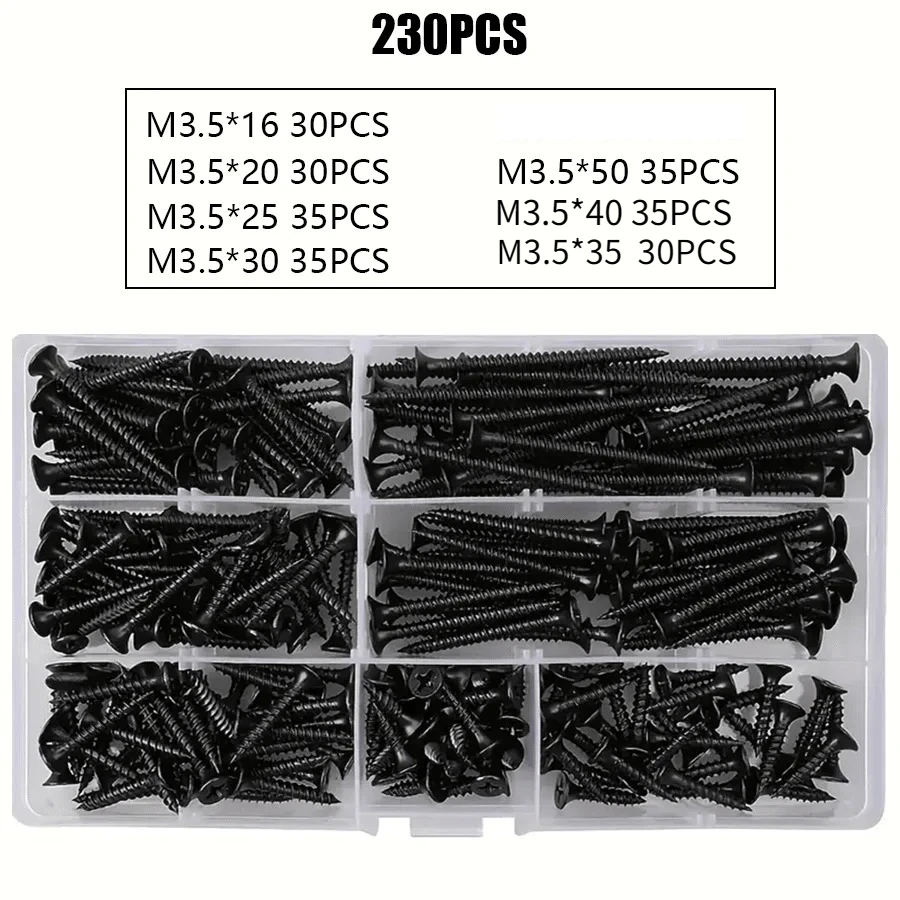 105/230pcs Box M3.5black Cross Countersunk Head Self Tapping Screw Set, High-strength Self Tapping Screw, Gypsum Board Screw