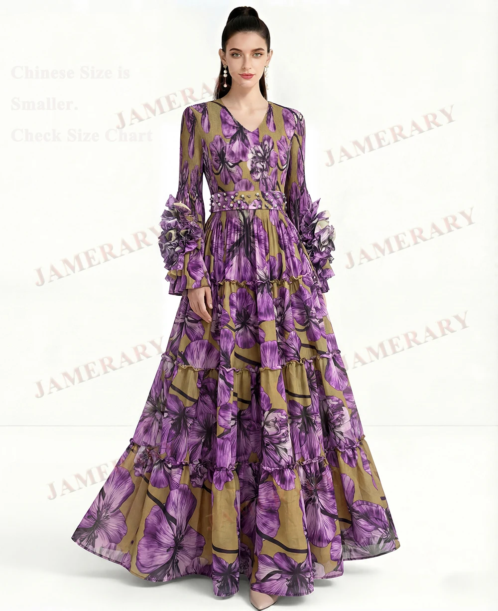 

Elegant Summer Long Sleeve Floral Dress Women Bohemia Lolita Print Autumn Pleated Dresses Vacation Loose Big Size