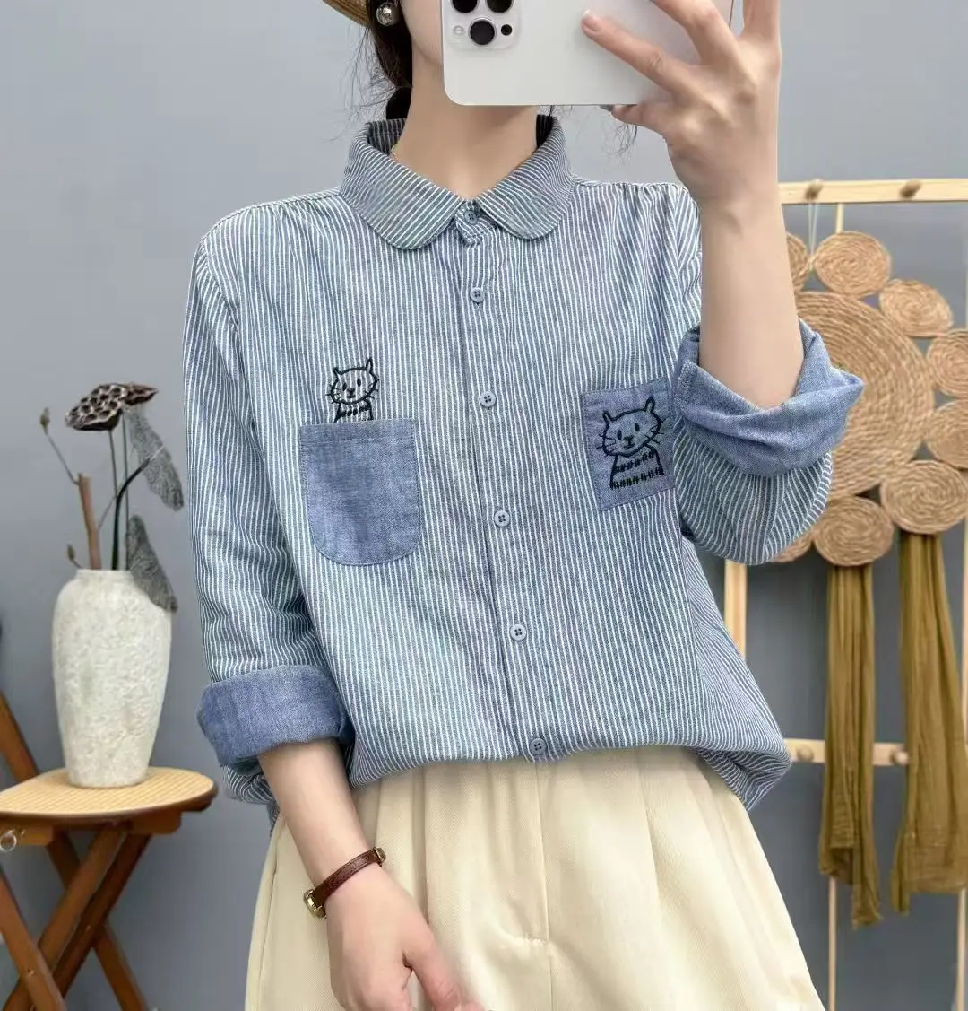 جديد 2025 الخريف غزل القطن قميص طويل الأكمام ، المرأة التلبيب مخطط التطريز ، موري فتاة موضة OL لطيف بلوزة فضفاضة T58050CC