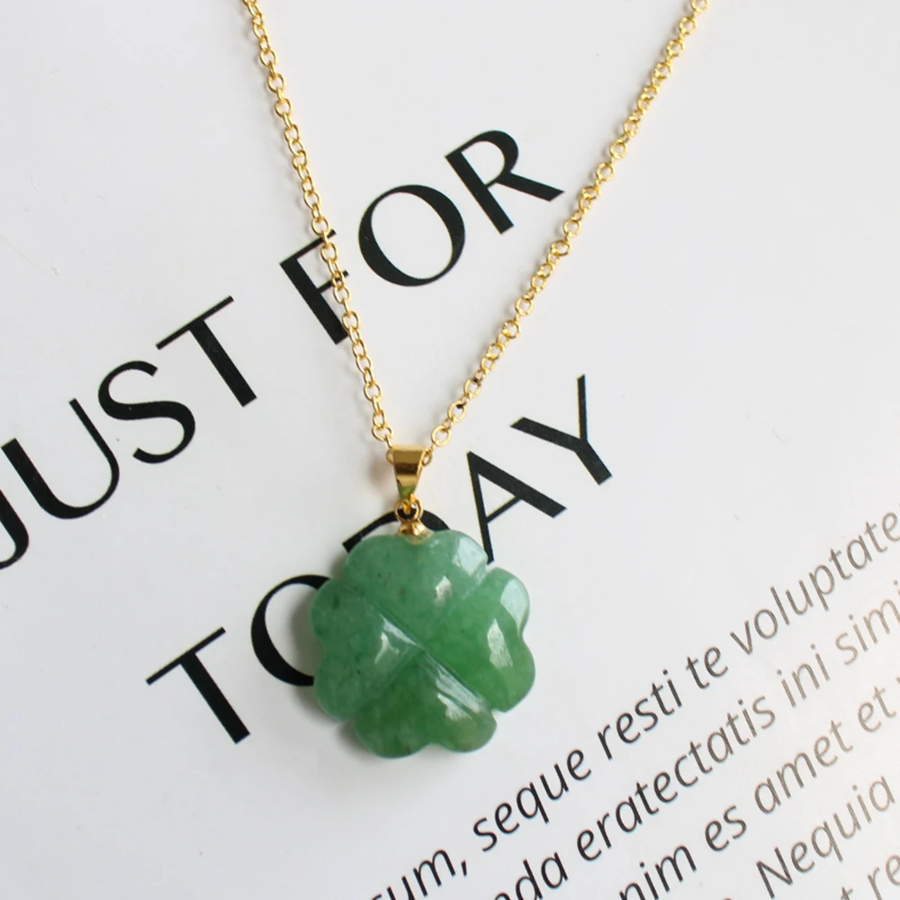 Unit One Piece Natural Green Aventurine Crystal Four Leaf Clover Healing Necklace Pendant  For Jewelry Gift