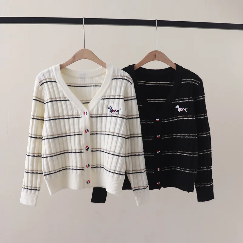 Autumn and Winter New Preppy Style Contrast Color Striped Puppy EmbroideryVCollar Long Sleeve Knitted Cardigan Sweater Coat