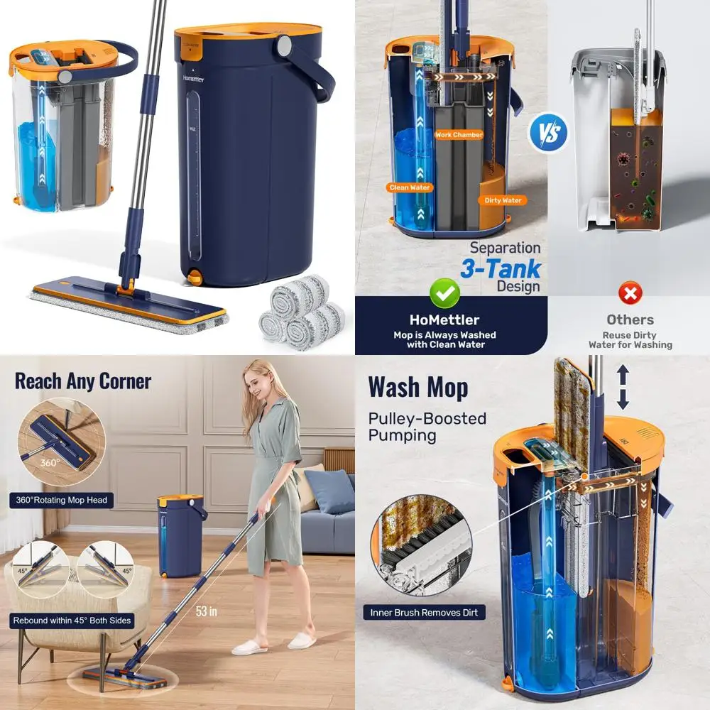 System mopowania płaskiego z 3 zbiornikami i wyciskaczem, mop do czyszczenia ścian z długą rączką, rozwiązanie do mopowania podłóg bez użycia rąk