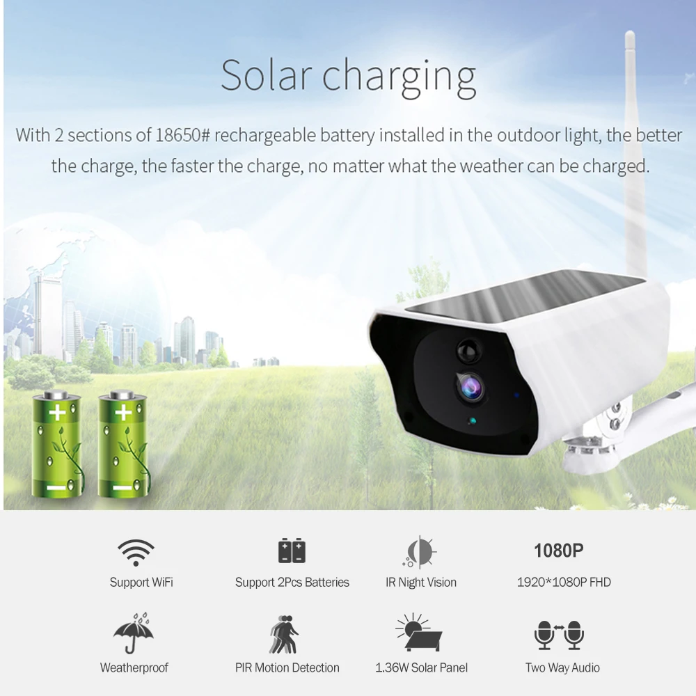 Gadinan Outdoors Waterproof Security Camera WIFI Wireless Solar Panel Battery Surveillance Camera Two Way Audio IP Camera