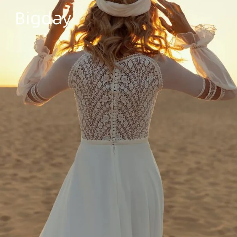 Vestido De Novia bohemio De corte en A para mujer, vestido De Novia De gasa con espalda De ilusión De manga larga blanca De encaje, Vestidos De Novia personalizados