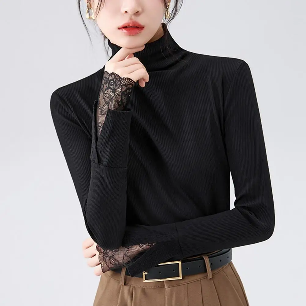 

Long Sleeve Tops Elegant Lace Cuff Long Sleeve Shirt For Women Slim Fit High Collar Jumper Top Solid Color Bottoming Blouse