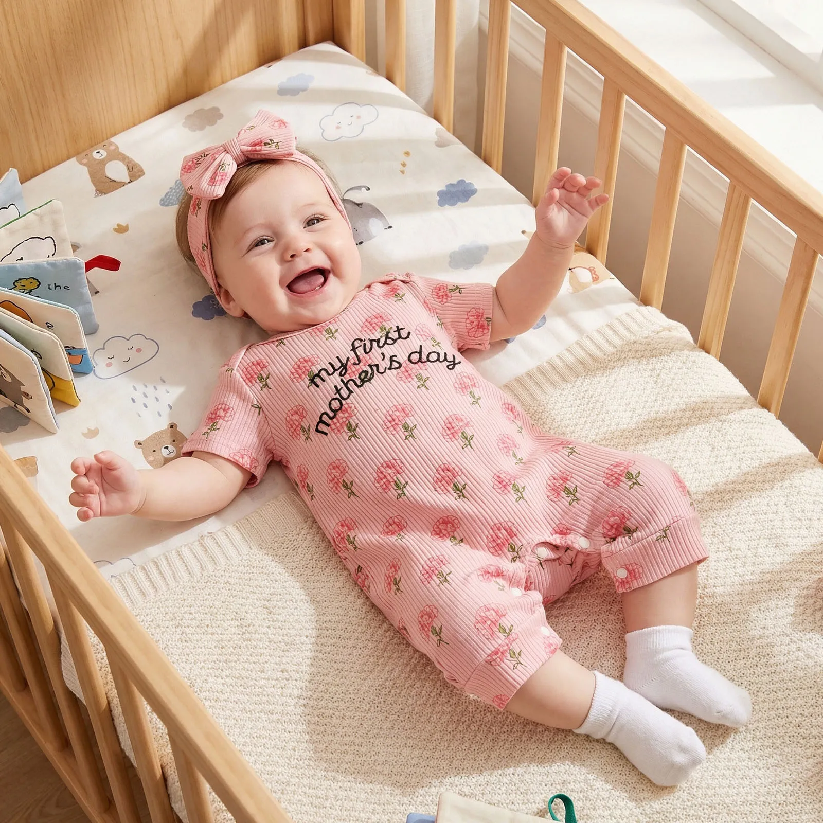 Baby Girls My First Mother's Day Rompers Flower Letter Embroidery Crew Neck Short Sleeve Playsuits Jumpsuits with Headband