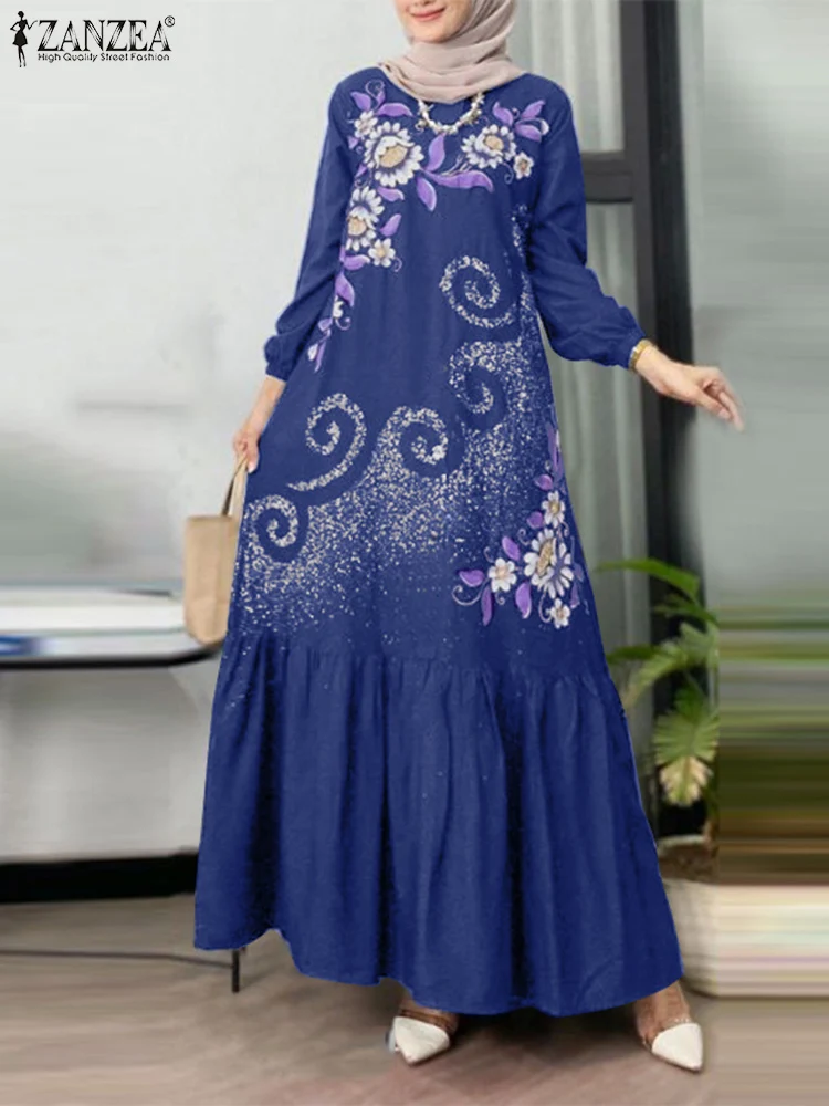 ZANZEA Casual Muslim A-line Vestidos O Neck Long Sleeve Islamic Hijab Women Robes Abaya Loose Floral Print Elegant Long Dresses