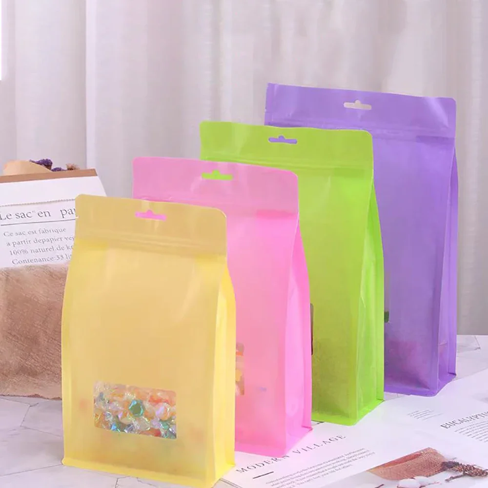 50pcs Matt Cotton Paper Ziplock Nut Food Packaging Bag Snack Biscuit Candy Coffee Pink Yellow Purple Storage Pouches with Window