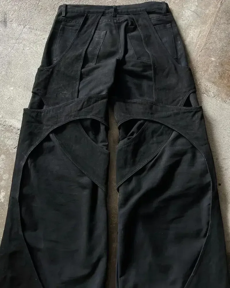 Y2K-pantalones vaqueros holgados con diseño de rayas caladas para hombre, Jeans Hipster de alta gama, negro, Retro, baile, Rock, monopatín, personalidad, nueva tendencia