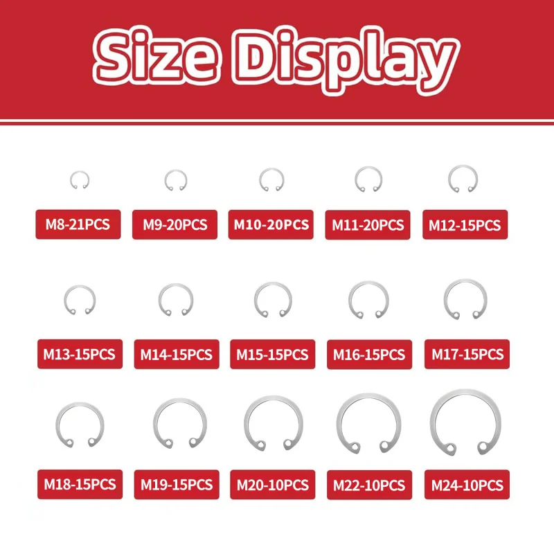 UULMERA 231pcs Internal Circlip Snap Ring Assortment 304 Stainless Steel 15 Sizes C-Type Metric Retaining Rings M8-M24 for Bore