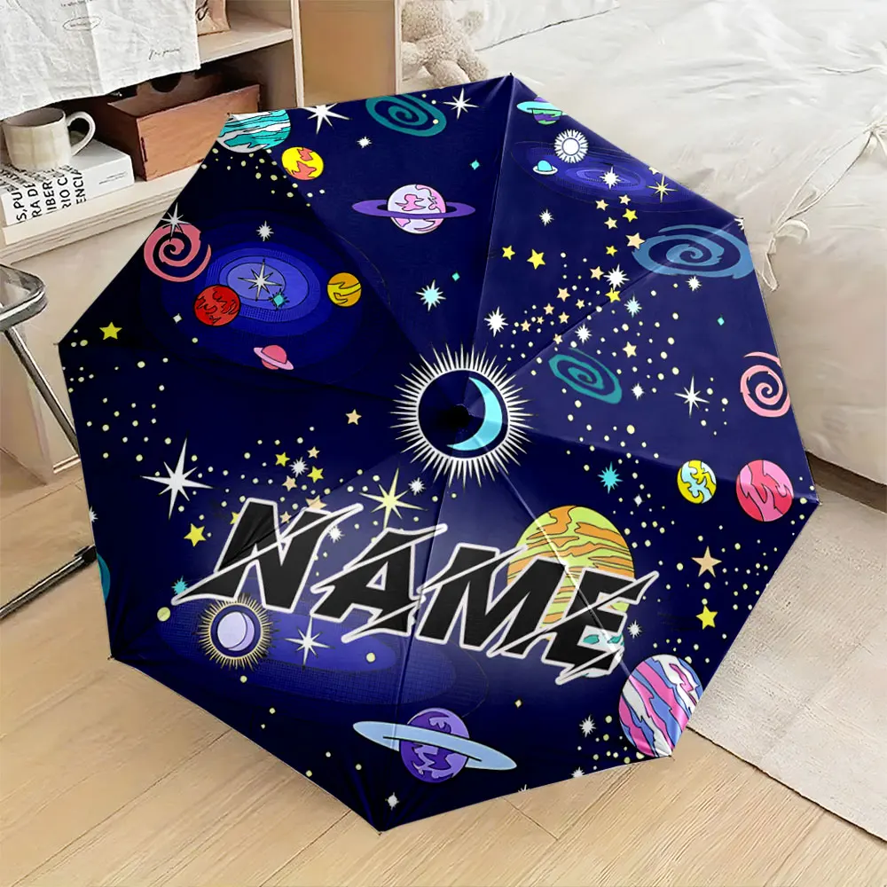 Custom Name Umbrella, Colorful Cosmic Galaxy Design with Planets and Stars Umbrella Folding Umbrella for Sunny and Rainy,Gift