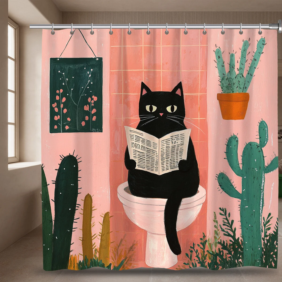 Cute Black Cat Reading Book Bathroom Shower Curtain Boho Tropical Cactus Nursery Decor Shower Curtain