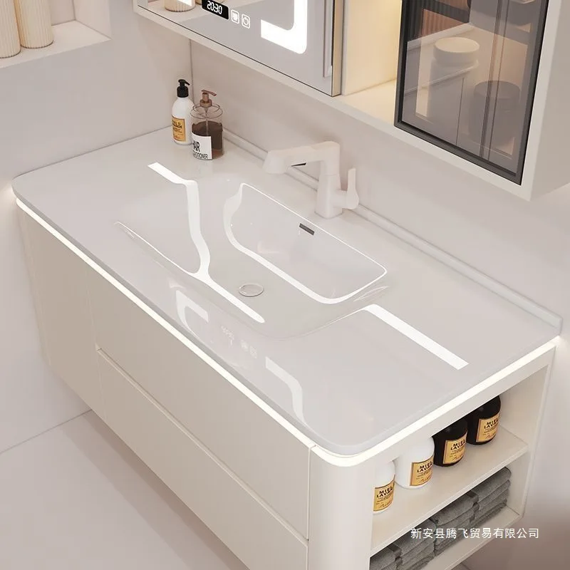 

Simple cream washbasin ceramic integrated modern bathroom smart solid wood bathroom cabinet wash combination washbasin