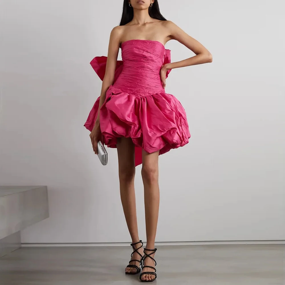 

Rose Pink Strapless Mini Dress with Big Bow Pleated Taffeta Ruched Bubble Hem Short Prom Gown Women Party Dresses Cocktail Gowns