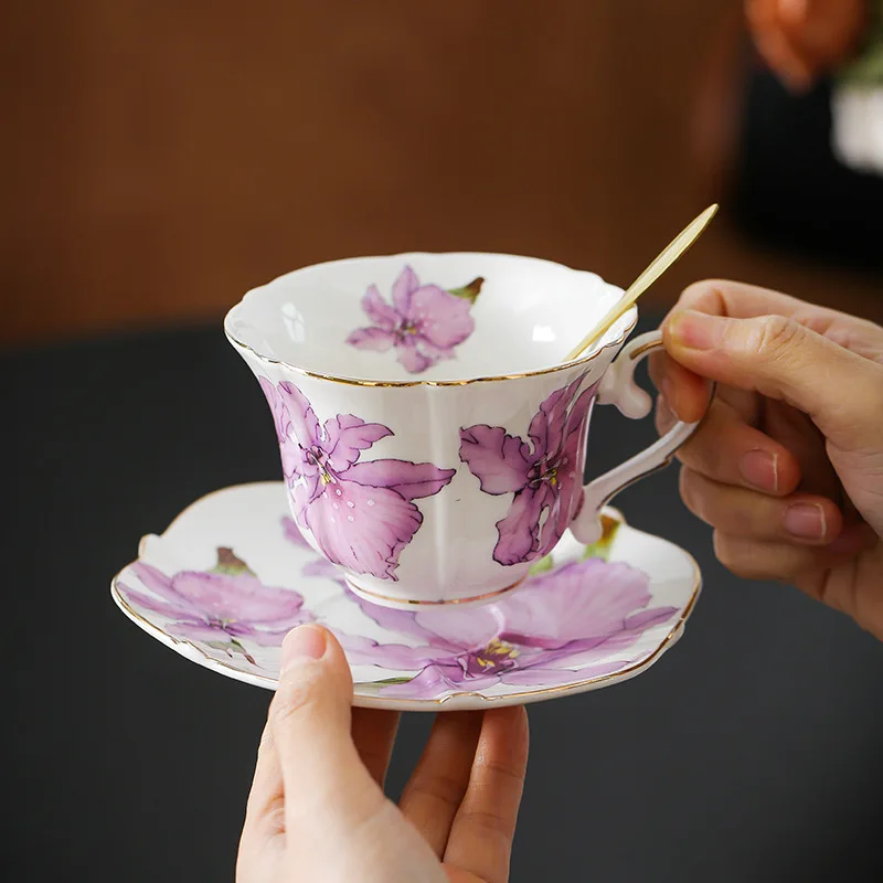 

Ceramic Coffee Cup Set Purple Lily Flower Printed Tea Cup Saucer Set Porcelain Coffee Mug Elegant Drinking Teacup Gift for Women