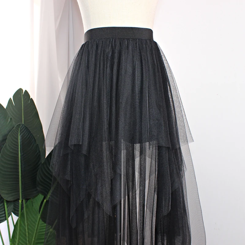 Gothic Black Front Short Back Long Asymmetrical Mesh Skirts Women Spring Summer High Elastic Waist Cool Streetwear Skirts