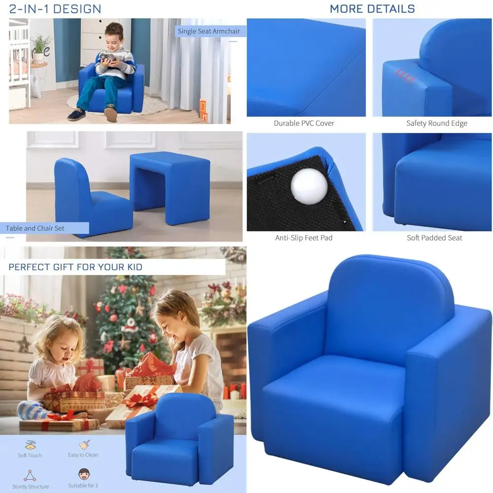 

Blue 2-in-1 Convertible Sofa Table and Chair Set for Kids, Suitable for Boys and Girls