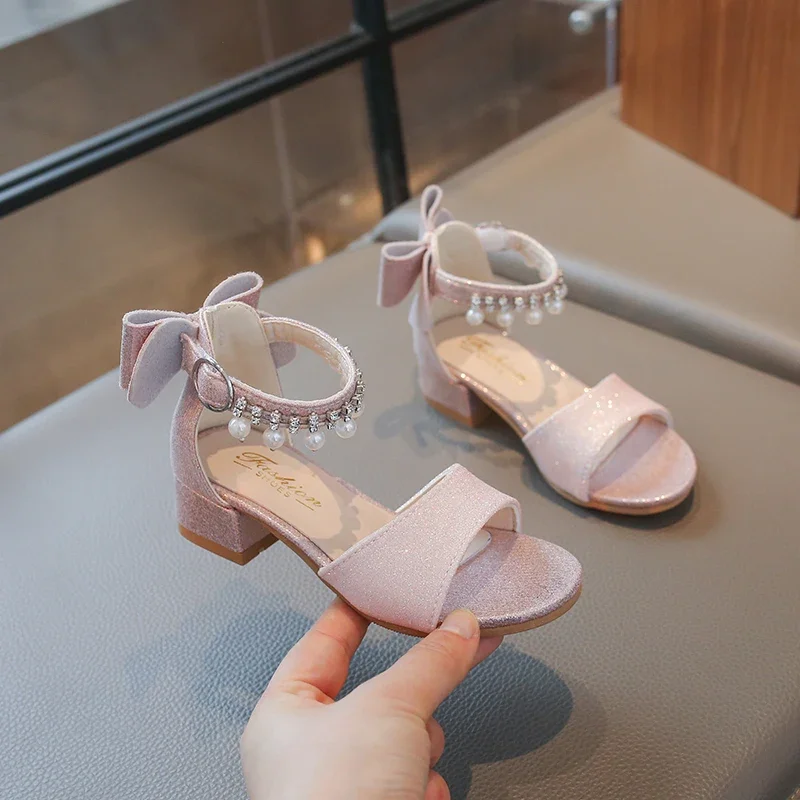 Children's Fashionable Open-Toe Sandals Rhinestone Bow Performance Shoes for Girls Ages 3–18 High-heeled Shoes for Kids Sandals