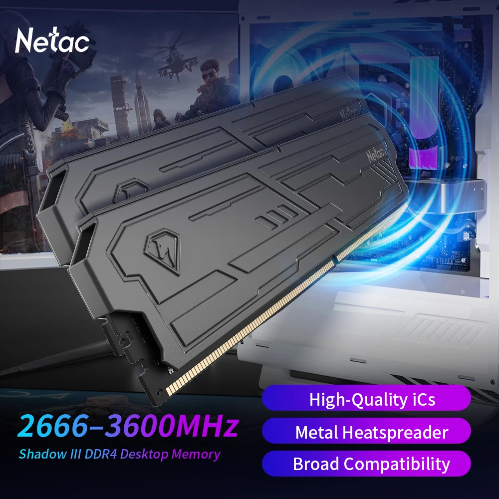 Netac Shadow Ill DDR4 3200MHz 3600MHz Memory Ram DDR4 8G 16G 8Gx2 16Gx2 HeatSink XMP2.0 High-Quality Ics for Gaming Computer