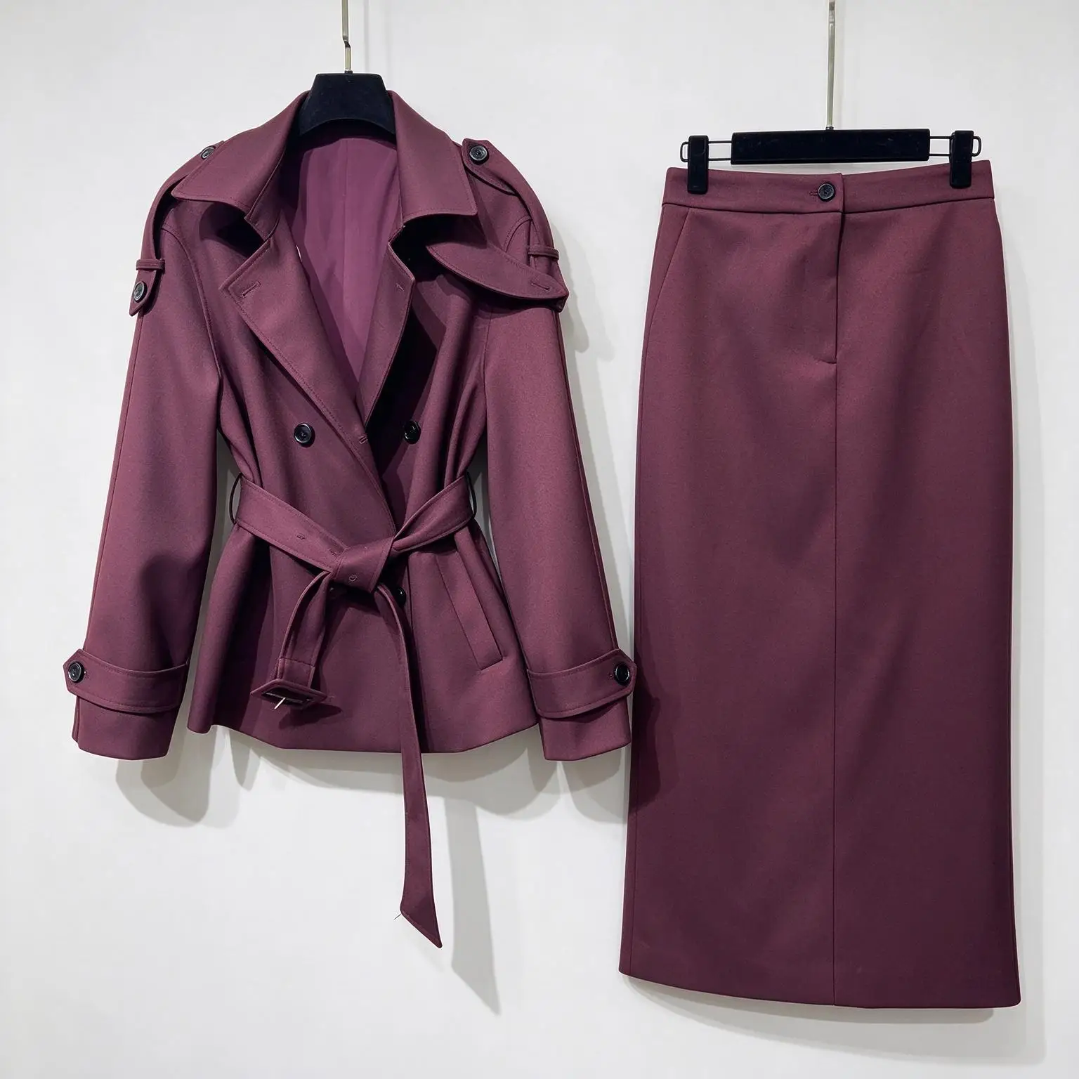 Elegant Women Belted Short Trench With Midi Skirt Two Piece Set