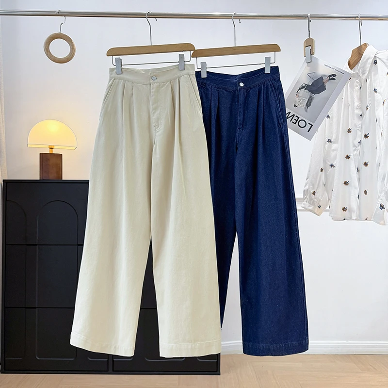 

Женские джинсы с высокой талией и широкими штанинами, повседневные, из хлопка, на пуговицах, новая весенняя коллекция, универсальные, свободного кроя