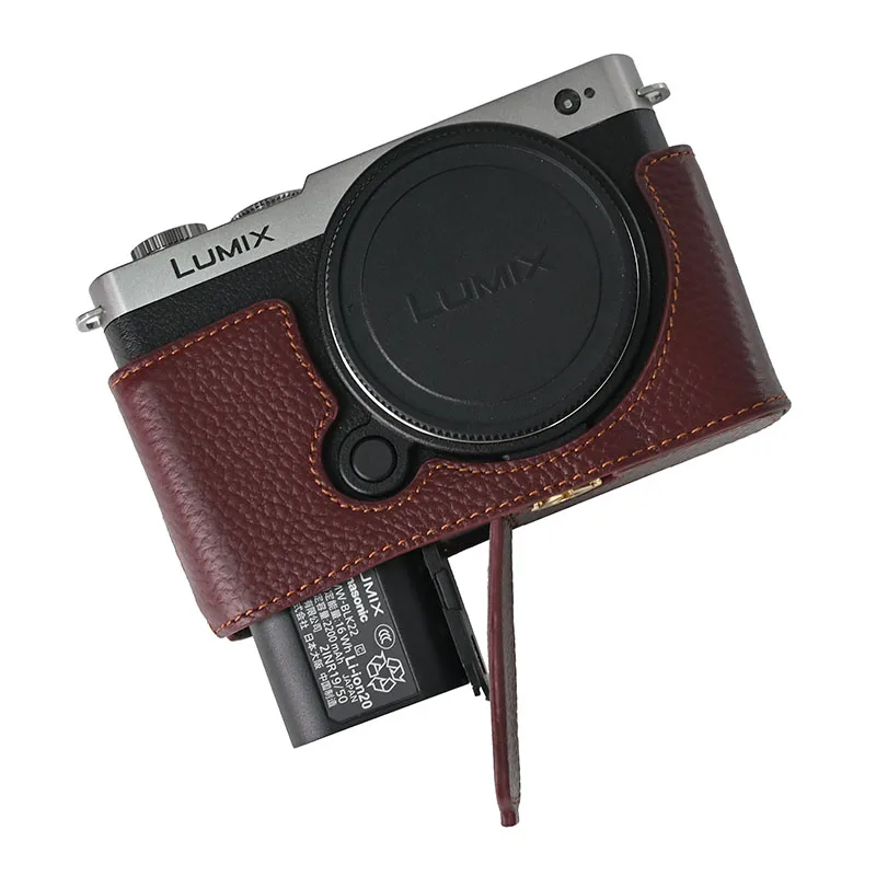 S9 รูปแบบลิ้นจี่กล้องหนังแท้ครึ่งตัวสําหรับ Panasonic Lumix S9 แบตเตอรี่เปิดฝาครอบด้านล่างแม่เหล็ก