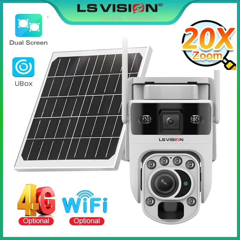 

LS VISION 4K 20X Zoom Solar Surveillance Cameras Dual Screen 4G /WiFi PTZ Cam PIR Detection Auto Tracking IP65 Cloud Storage