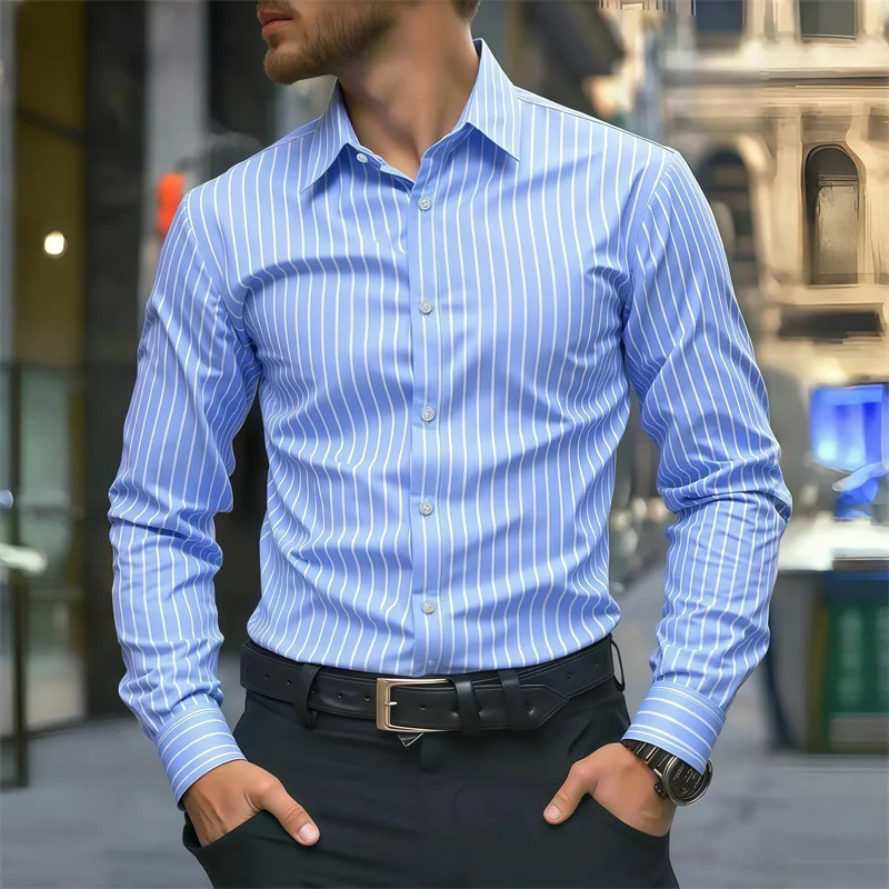 

Хит продаж, мужская деловая повседневная рубашка с длинными рукавами в сине-белую полоску, официальная рубашка приталенного кроя, доступны несколько цветов.