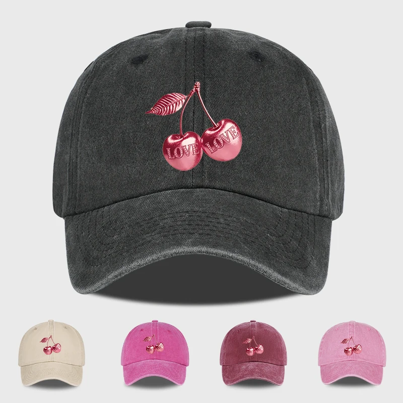 LOVE Cherry Print Multi-Color Vintage Washed Baseball Cap – Adjustable Unisex Sun Hat, Perfect for Camping and Vacations