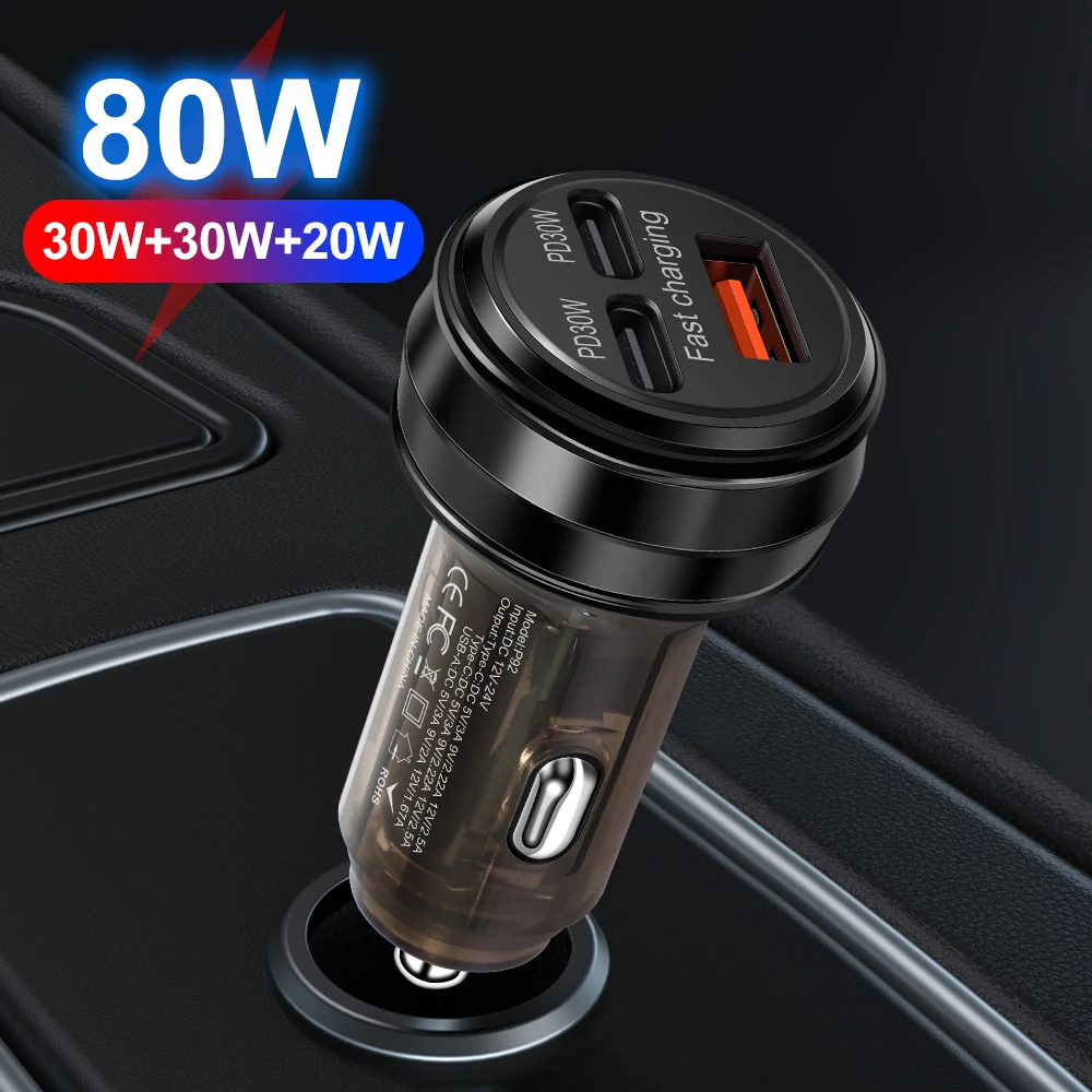 80W Fast Charger 3 Ports PD USB Car Charging Mobile Phone Type-C Adapter Quick Charger in Car for iPhone Samsung Xiaomi
