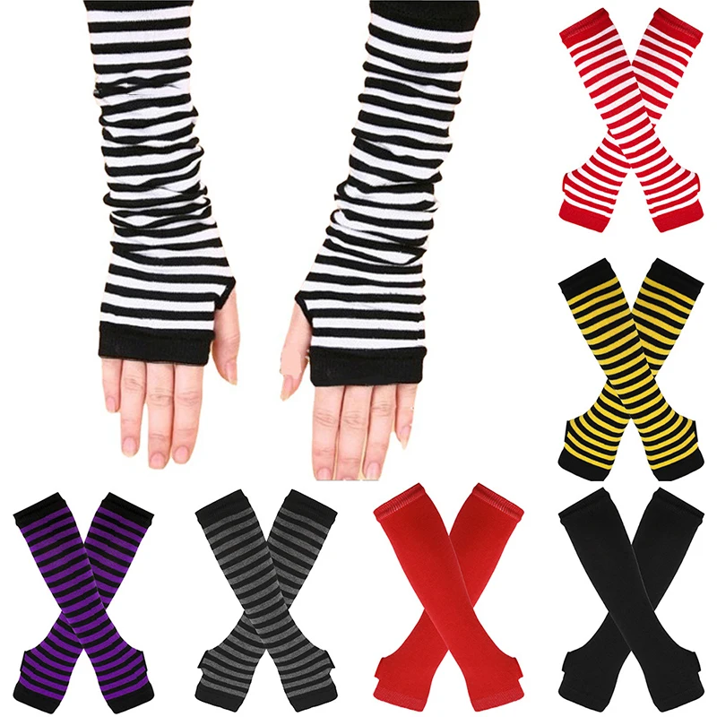 Long Fingerless Gloves Punk EMO Style Warmer Knitted Y2K Arm Warmers Streetwear Striped Elbow Gloves Elbow Mitten Christmas Gift