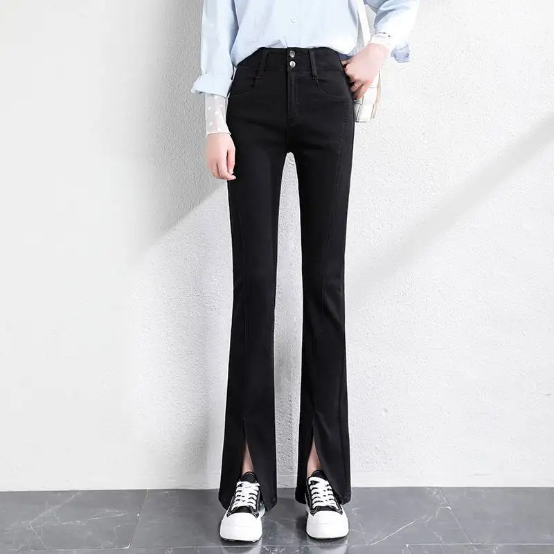 Spring Autumn Women's Jeans 2026 New Korean Fashion High Waisted Slim Fit Flared for Petite Split Leg