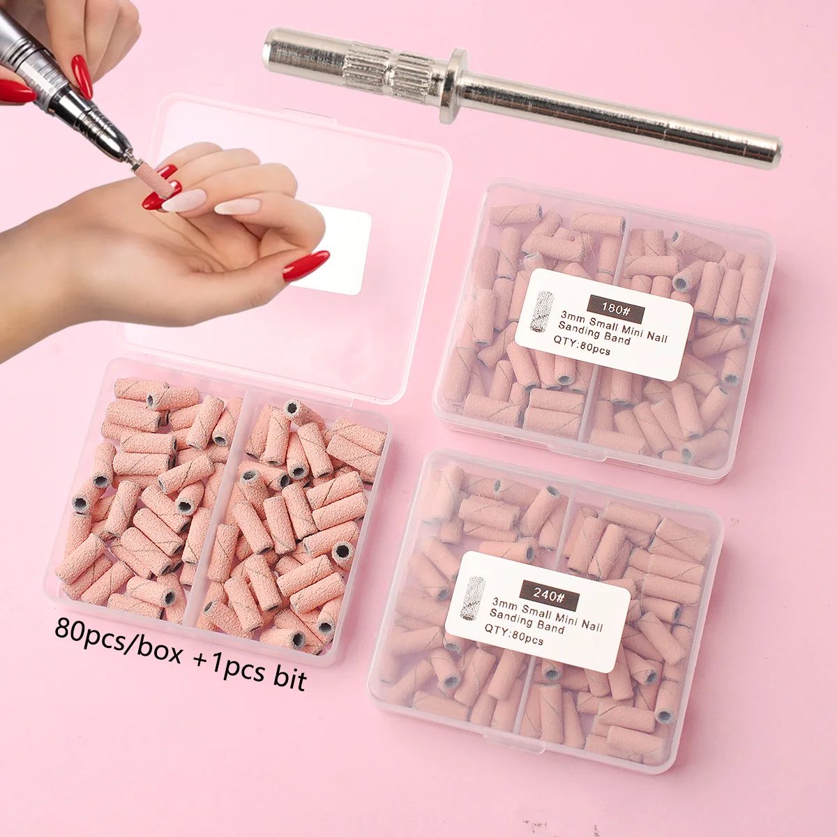 80개/박스 핑크 3.1mm 미니 샌딩 밴드 키트 네일 드릴 비트 맨드렐 세트 전동 매니큐어 액세서리 도구 각질 제거기