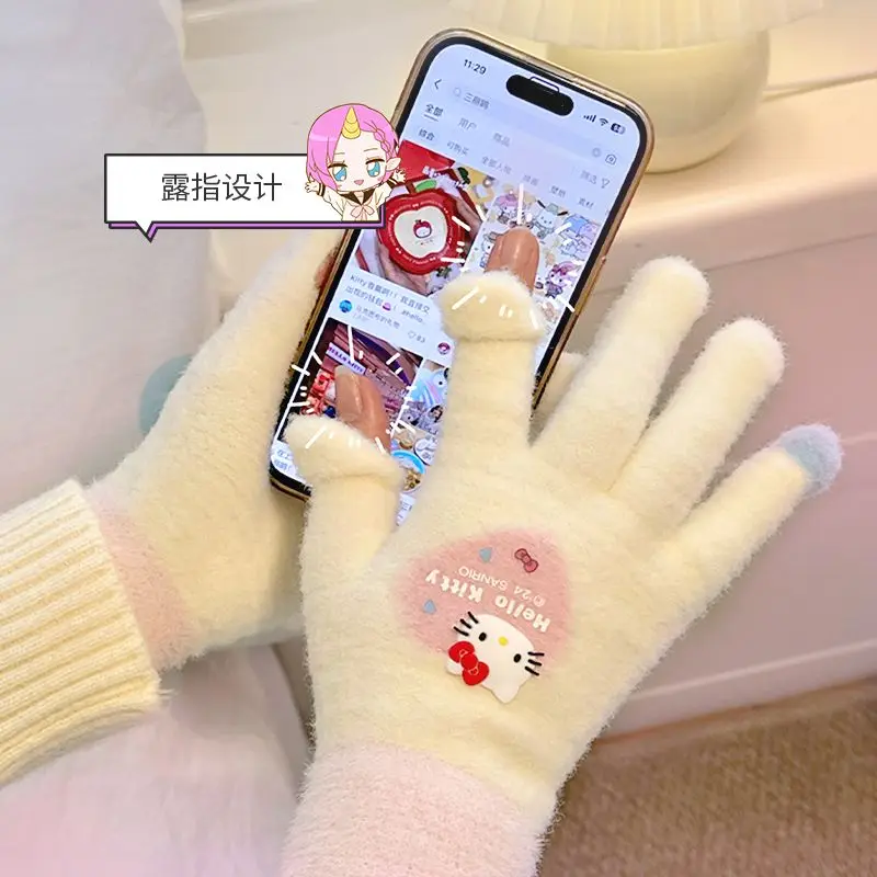 

Genuine Sanrio Hello Kitty My Melody Cute Plush Women's Gloves Winter Cartoon Student Touch Screen Winter Knitted Yarn Gift