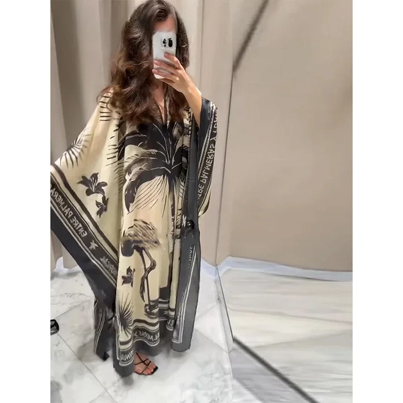 Bonny Fashion Print Pleated Long Dresses Women Party O-neck Full Sleeve Female Holiday Dresses 2025 Summer Lady Elegant  Robes