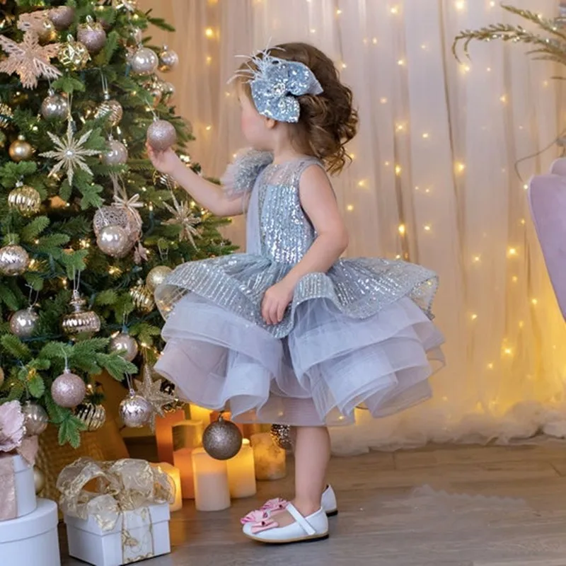 Lantejoulas vestido da menina de flor tule fofo bonito em camadas penas na altura do joelho para casamento aniversário pageant baile primeira comunhão vestidos