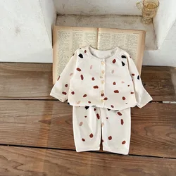 Korean Autumn Style Baby Boy and Girl Danish Style Printed Home Suit Set Ins Baby Pure Cotton Waffle Grid Set