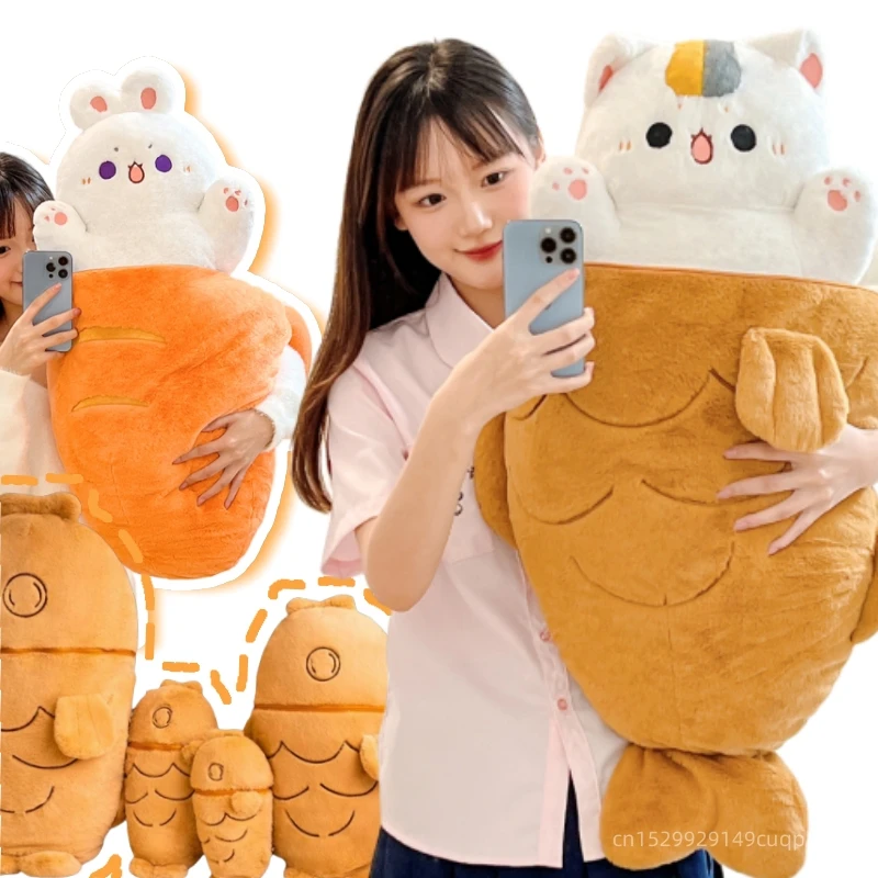 30-80CM クリエイティブたい焼き猫うさぎぬいぐるみ 毛皮の動物ぬいぐるみ ネストピロー 大きな魚ニンジンクッション 可愛い人形 女の子向け