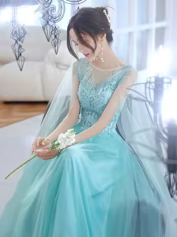 Long skyblue wrap lady girl women prom dress party evening dress performance dress