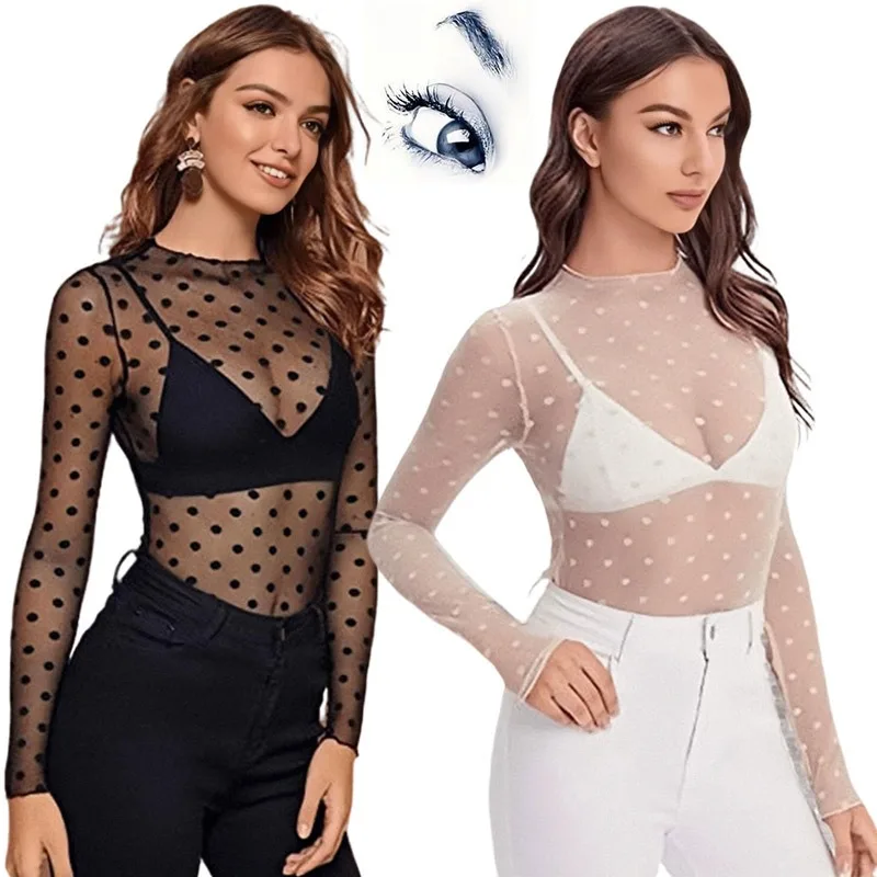 

New Fashion Casual Polka Dot Mesh See-through Sexy Top Long-sleeved Women's Short New Round Neck Loose Short Sexy Top T-shirt