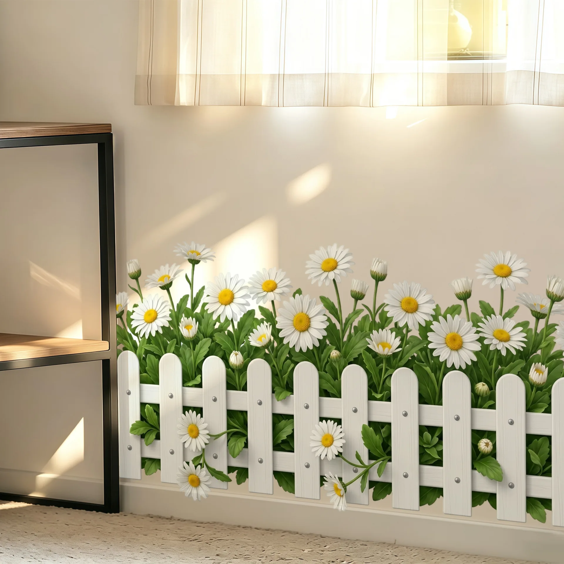 Daisy Fence Wall Decals Removable White Daisy Flowers Wall Stickers Floral Wall Art Decor for Bedroom Living Room Kitchen view 4