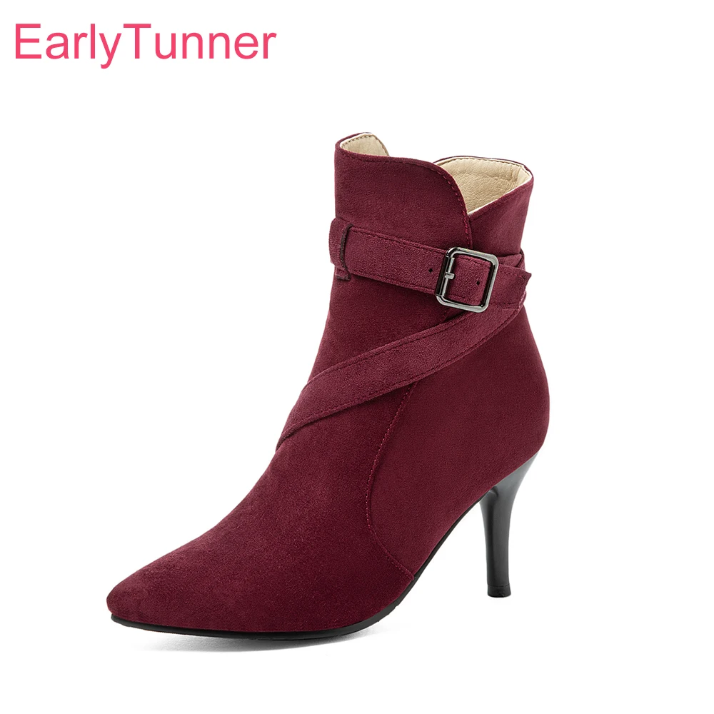 

Зимние новые пикантные женские ботильоны черного цвета винно-красного цвета с острым носком на высоком каблуке, женская обувь плюс большой маленький размер 11, 30, 42, 45 48