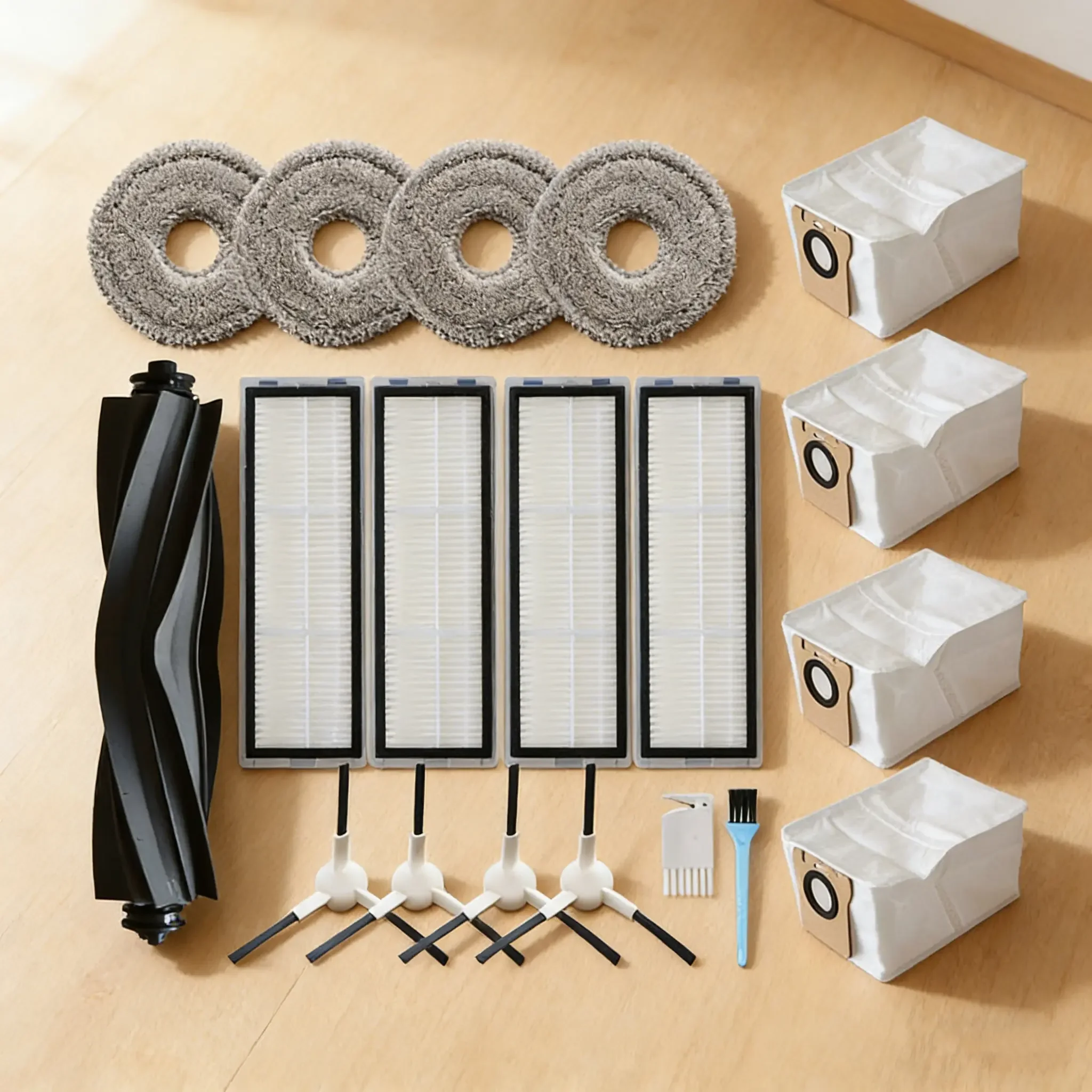 

1 основная щетка, 4 HEPA-фильтра, 4 салфетки для уборки, 4 боковые щетки, 4 мешка для пыли для робота-пылесоса Dreamame L10s Ultra.