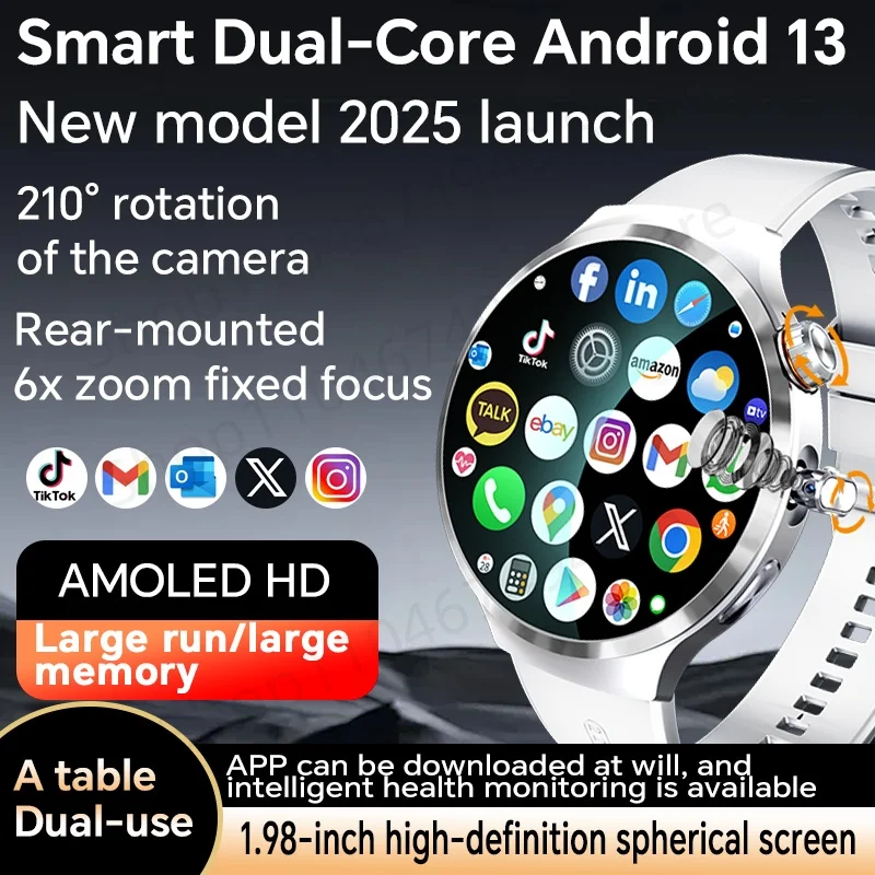 

4G/5G Full Netcom Smartwatch 1.98inch Amoled Smart Watch With 1900mAH Battery 210° Rotating Camera Android 13.0 Dual System GPS