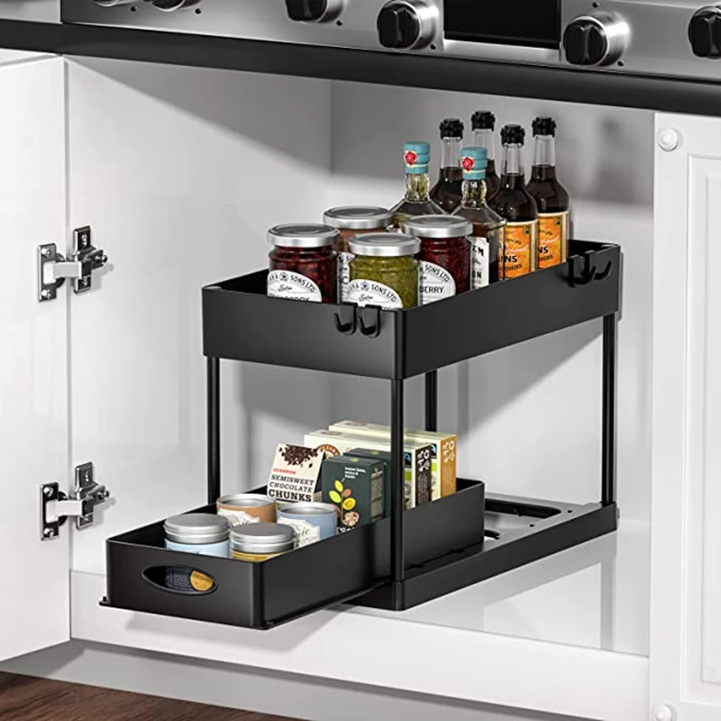 Bathroom Under Sink Organizer 2 Tier Telescopic Storage Rack for Shampoo Detergent Cabinet ,for Kitchen Spices Rack Drawer Shelf