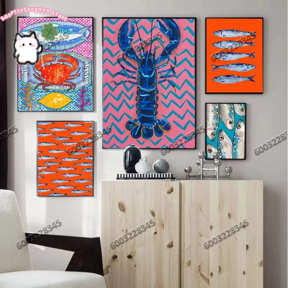 1 Stück Bunte Sardinen Hummer Meerestiere Leinwanddrucke Wandkunst Poster für Modernes Wohnzimmer Bar Heim-Dekoration Rahmenlos