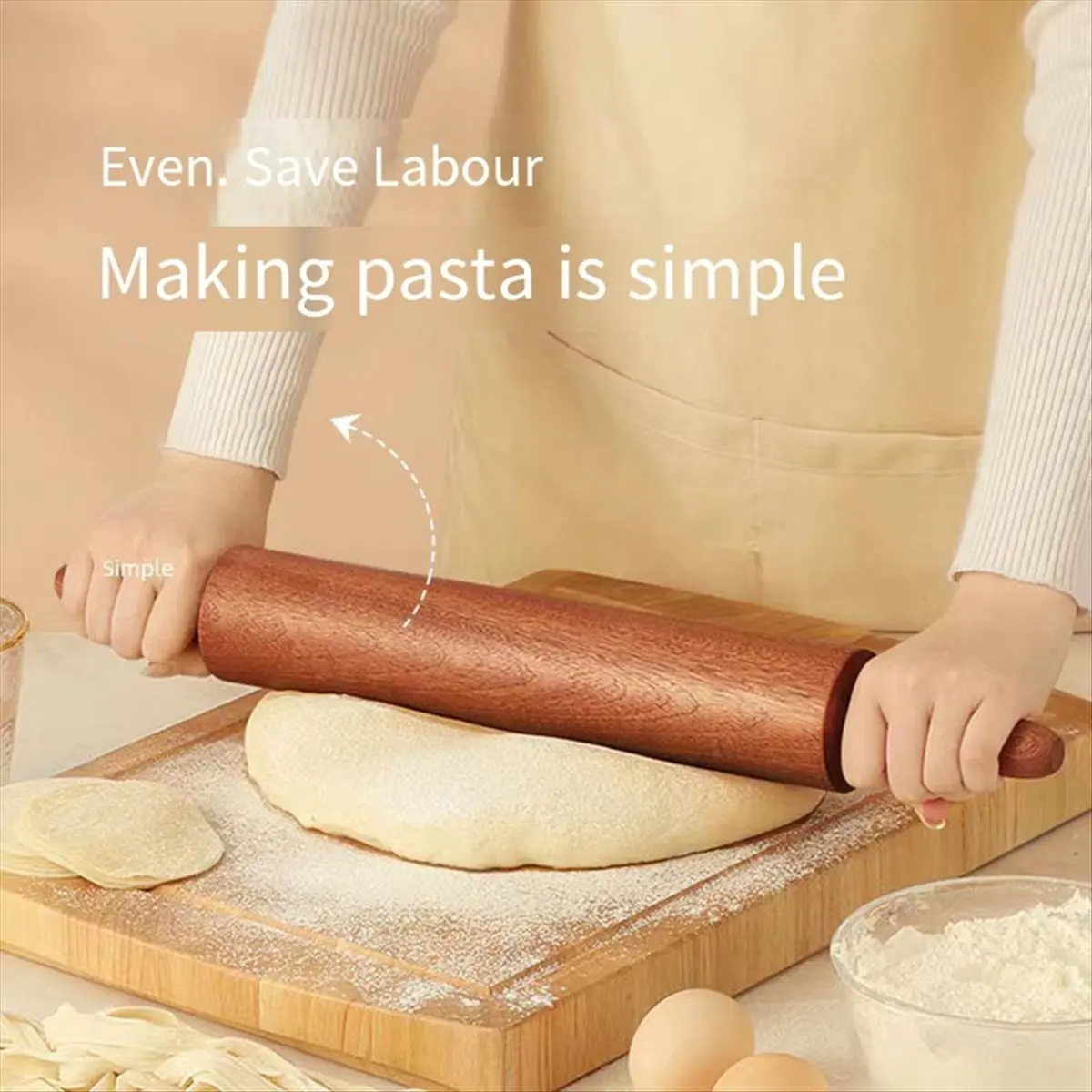 A56K Wooden Rolling Pins for Baking,Classic Sapele Rolling Pin with Handles,Baking Wooden Rolling Pin Large 18.8InL X 2.3InW