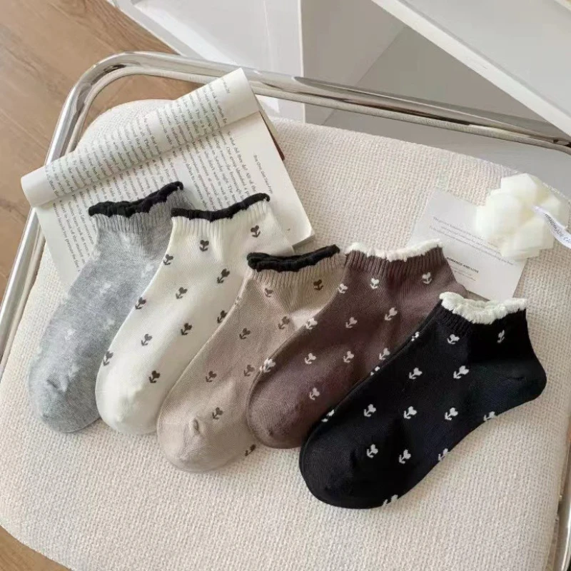 Flower Socks Women's Fashion New Retro Korean Style Cute Women's Socks Casual Frilly Kawaii Trends Ankle Socks Short Comfortable